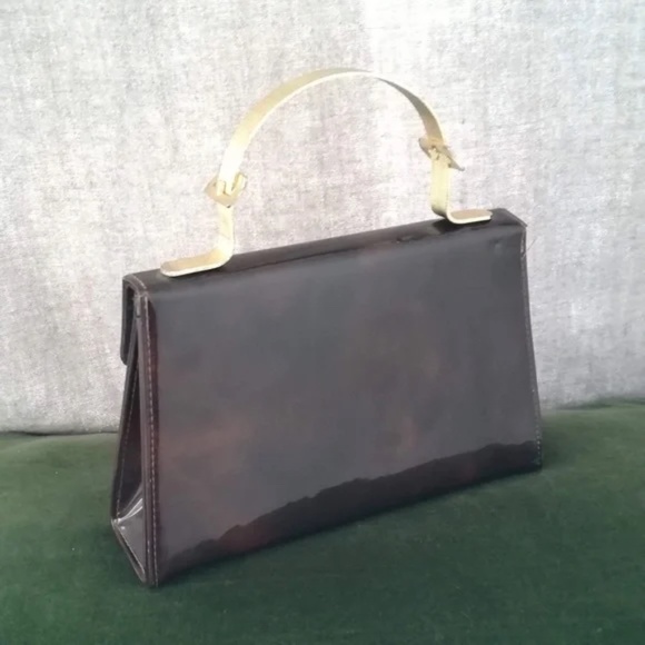 ❌SOLD❌Vintage evening purse, patent tortoise-shell, gold-tone handle. - Picture 4 of 5